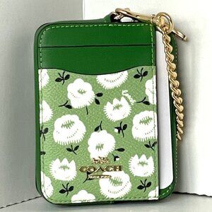 Coach Zip Card Case CBL79 Floral Print Kelly Green Multi Coated Canvas Chain